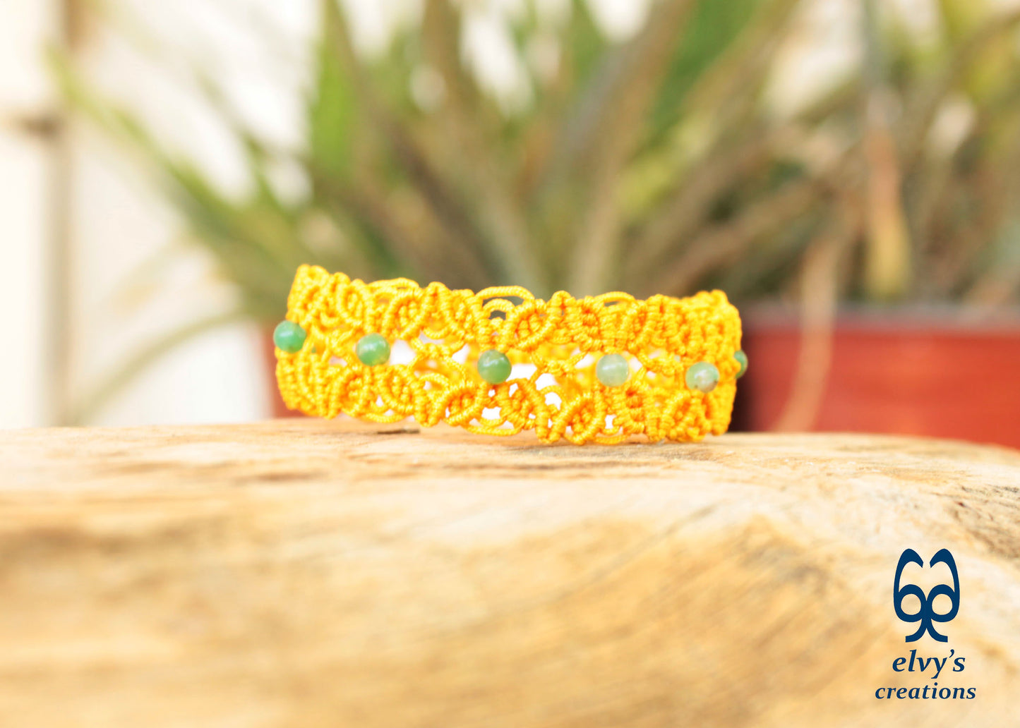 Yellow Macrame Bracelet with Chrysoprase Gemstones, Handmade Boho Bracelet with Green Gemstones