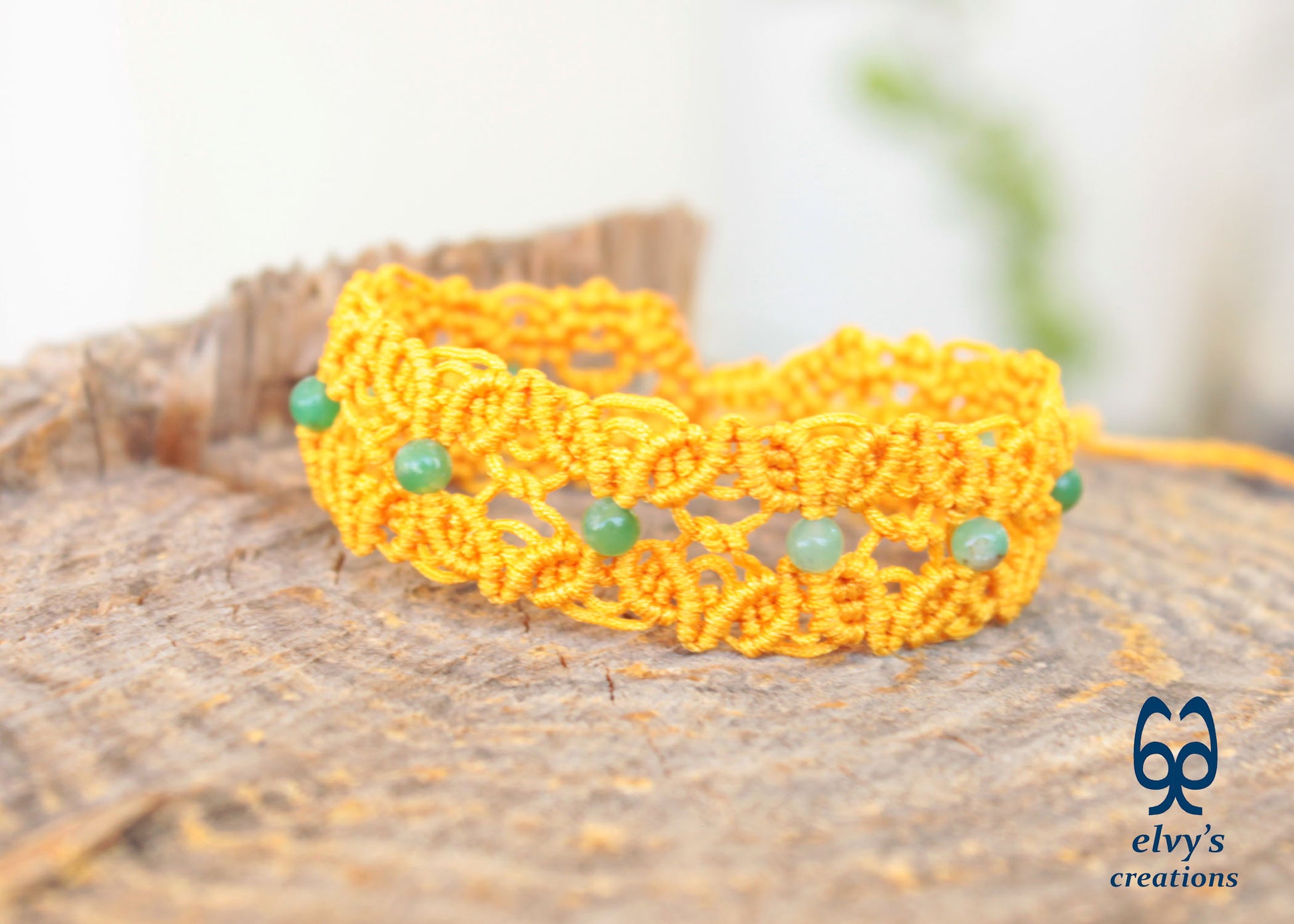 Yellow Macrame Bracelet with Chrysoprase Gemstones, Handmade Boho Bracelet with Green Gemstones