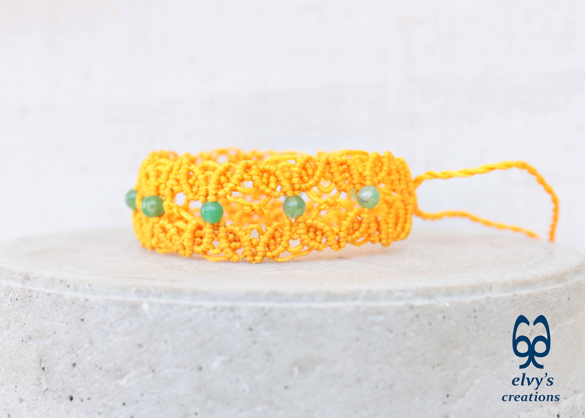 Yellow Macrame Bracelet with Chrysoprase Gemstones, Handmade Boho Bracelet with Green Gemstones