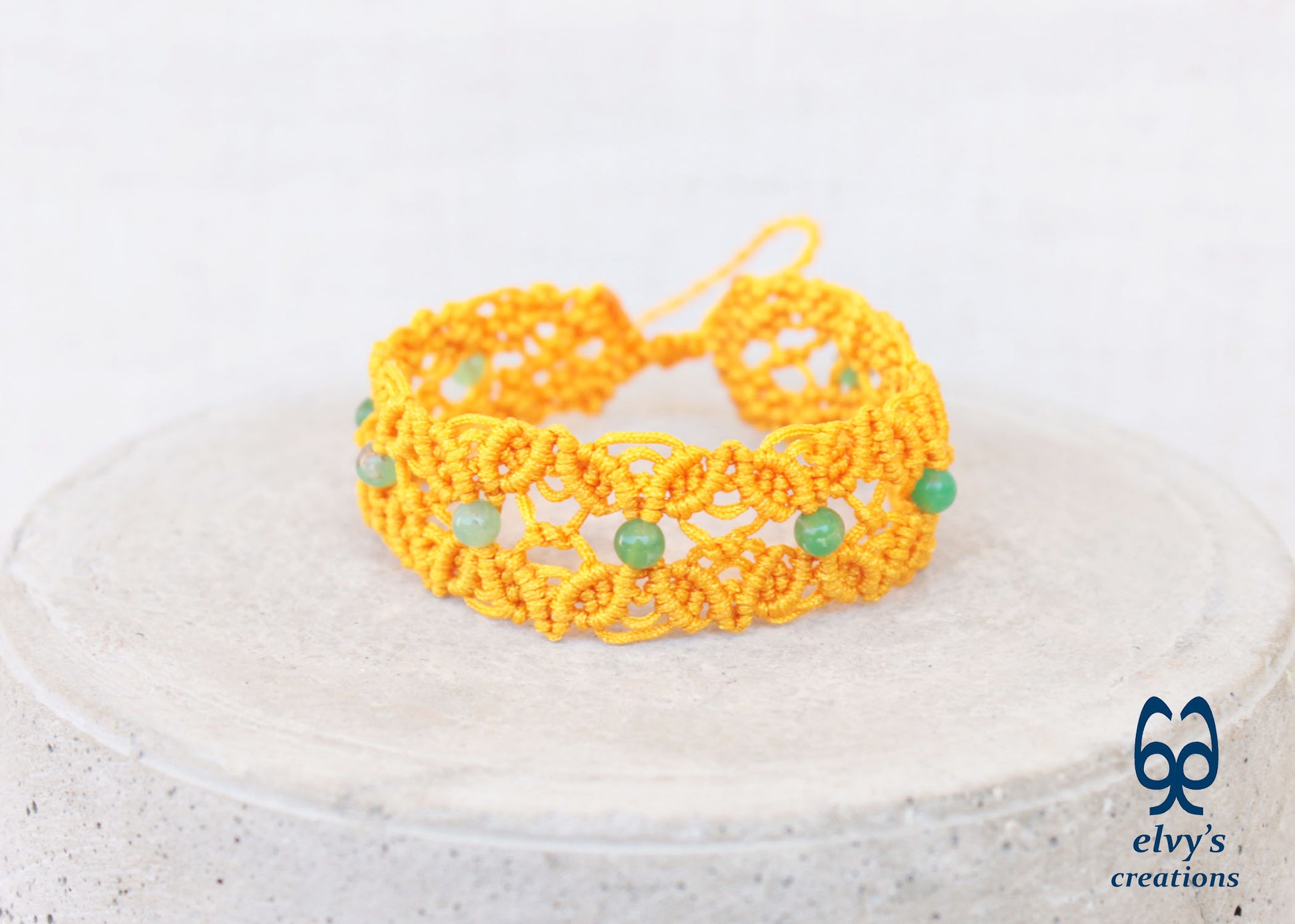 Yellow Macrame Bracelet with Chrysoprase Gemstones, Handmade Boho Bracelet with Green Gemstones