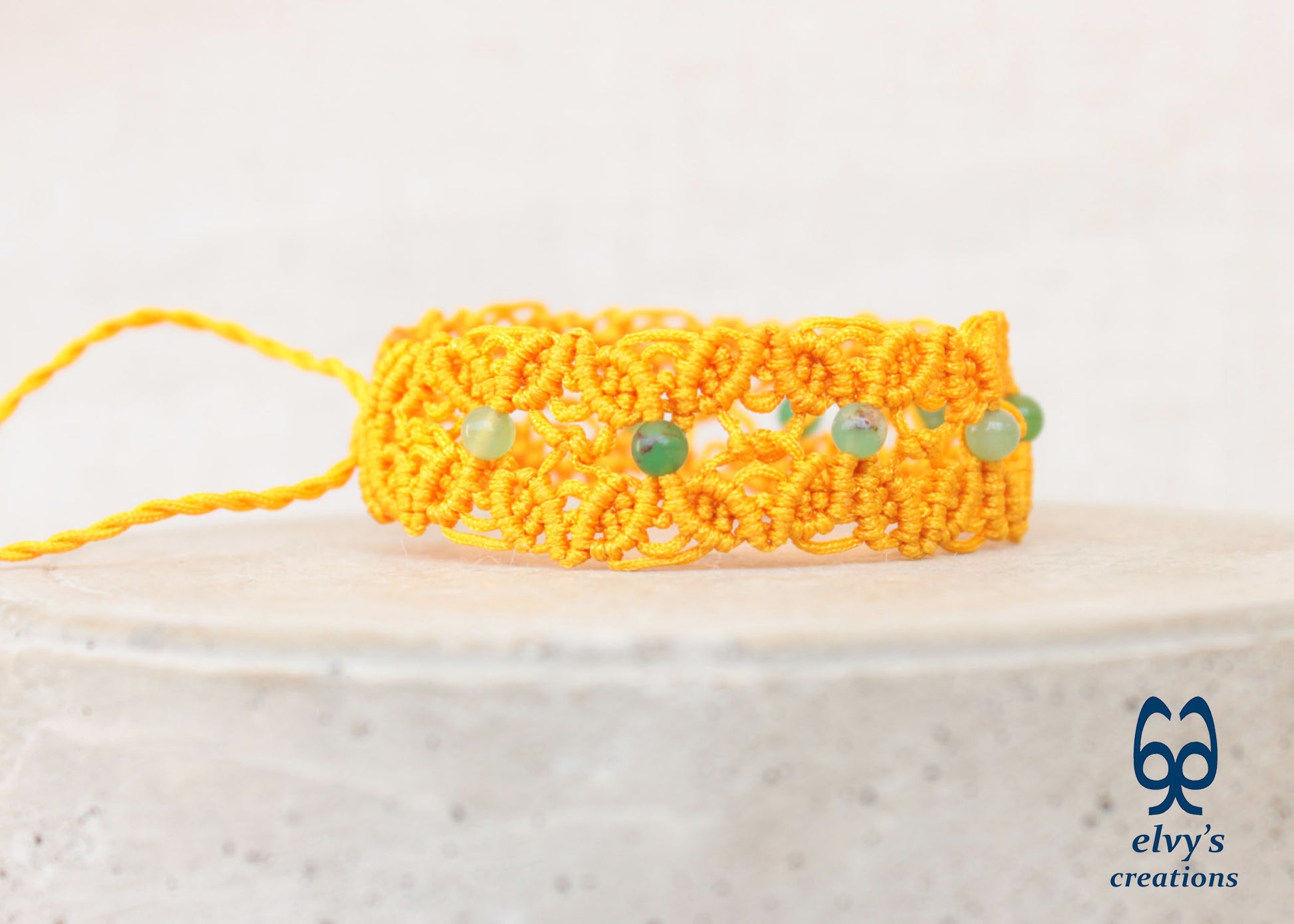 Yellow Macrame Bracelet with Chrysoprase Gemstones, Handmade Boho Bracelet with Green Gemstones