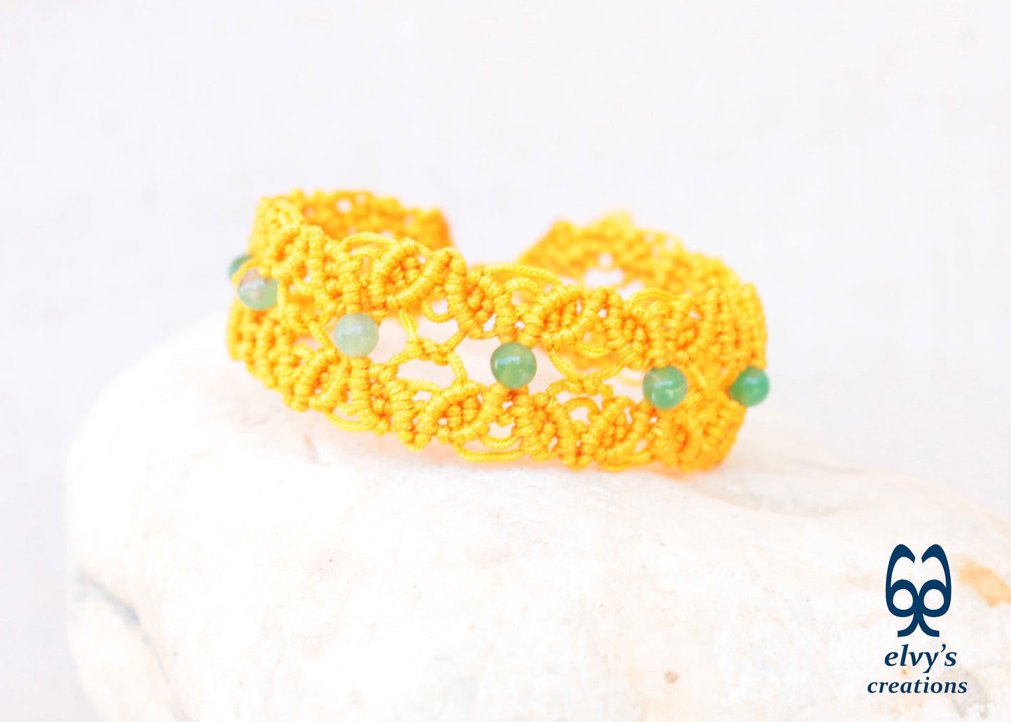 Yellow Macrame Bracelet with Chrysoprase Gemstones, Handmade Boho Bracelet with Green Gemstones