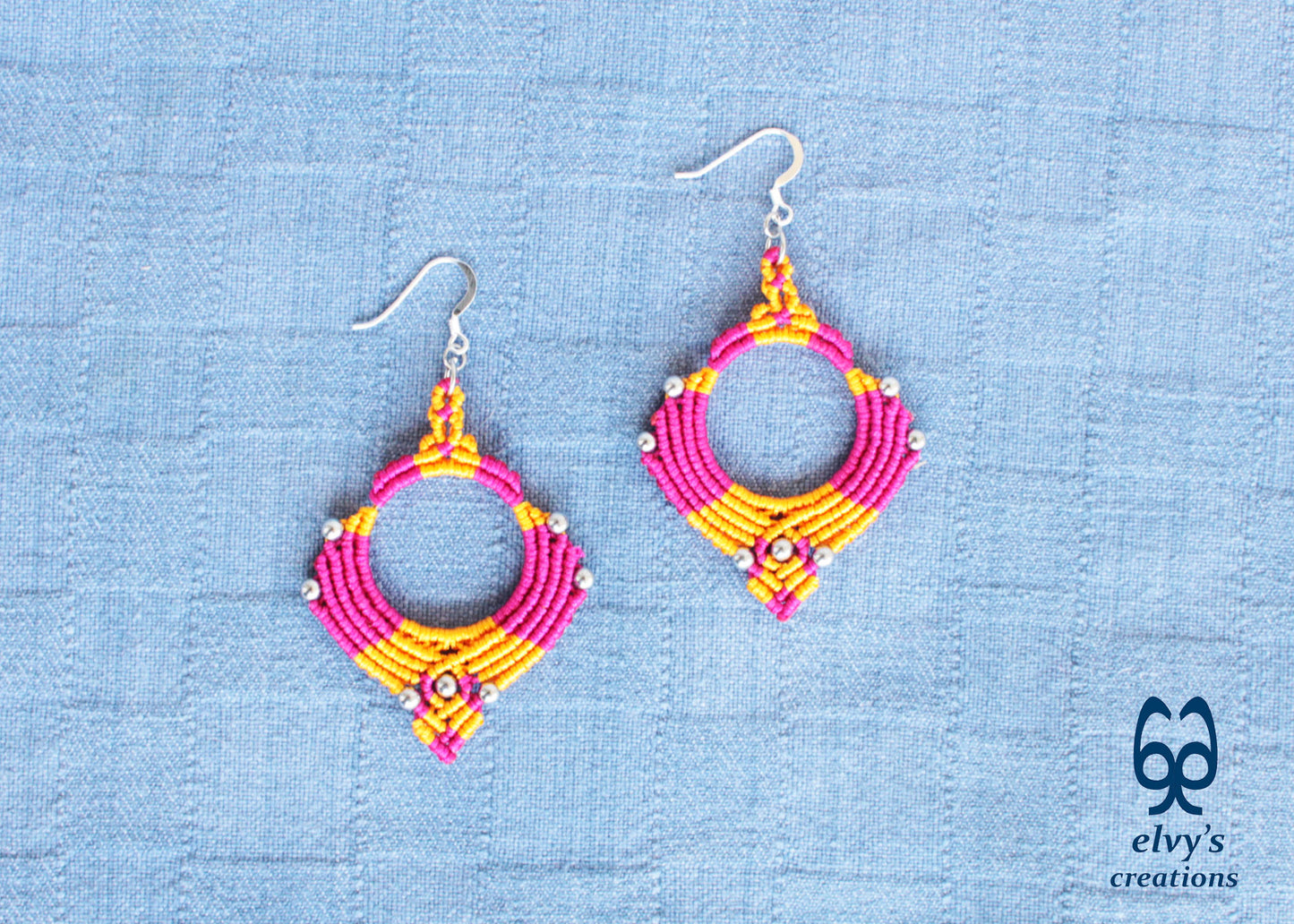 Pink Yellow Macrame Earrings Silver Hematite Gemstones Hoop Earrings