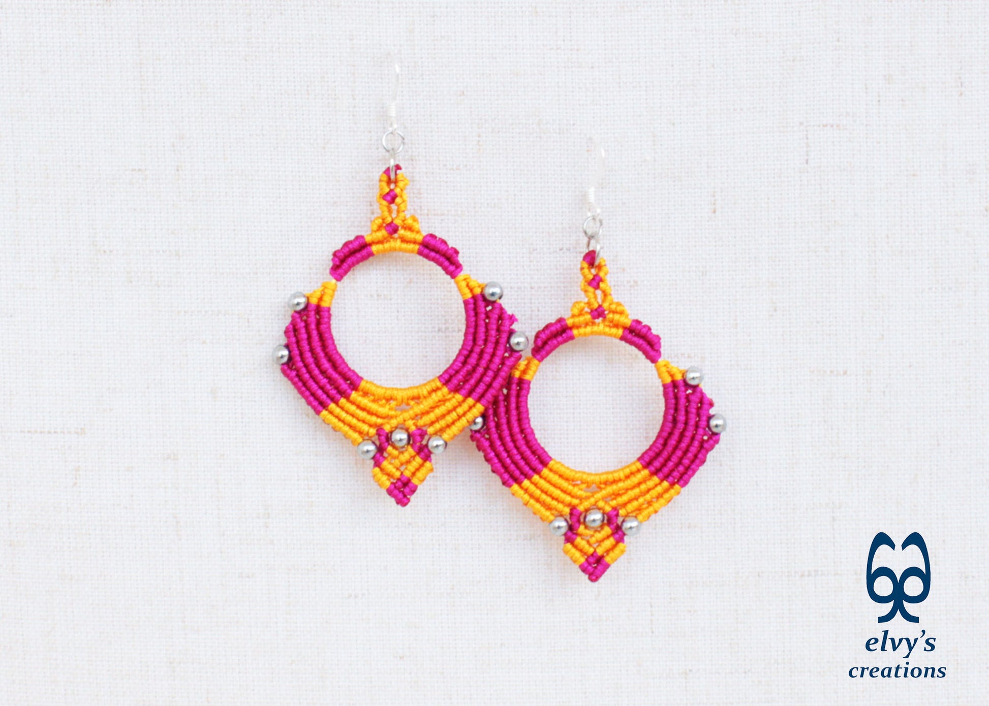 Pink Yellow Macrame Earrings Silver Hematite Gemstones Hoop Earrings