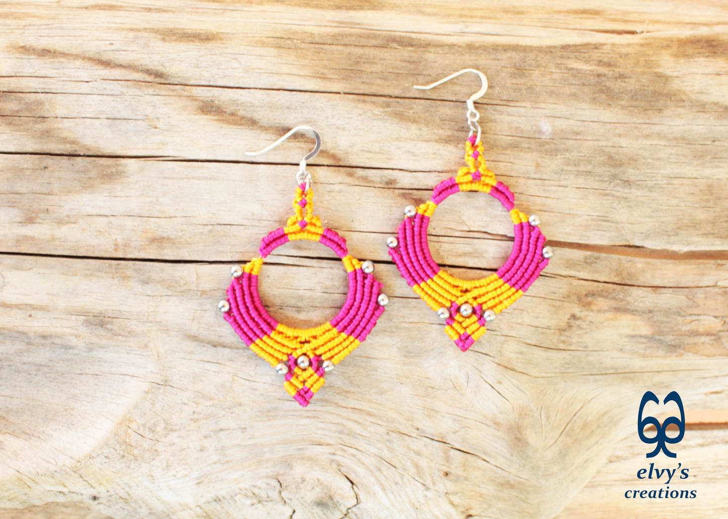 Pink Yellow Macrame Earrings Silver Hematite Gemstones Hoop Earrings