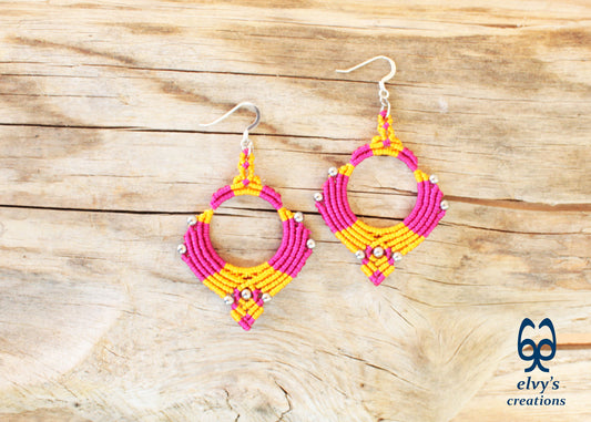 Pink Yellow Macrame Earrings Silver Hematite Gemstones Hoop Earrings