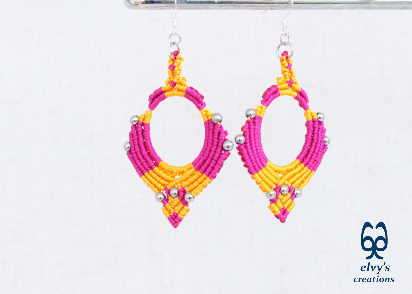 Pink Yellow Macrame Earrings Silver Hematite Gemstones Hoop Earrings