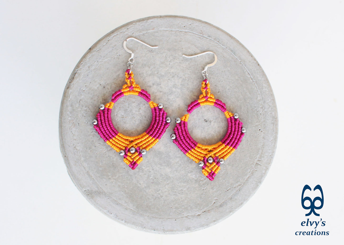 Pink Yellow Macrame Earrings Silver Hematite Gemstones Hoop Earrings