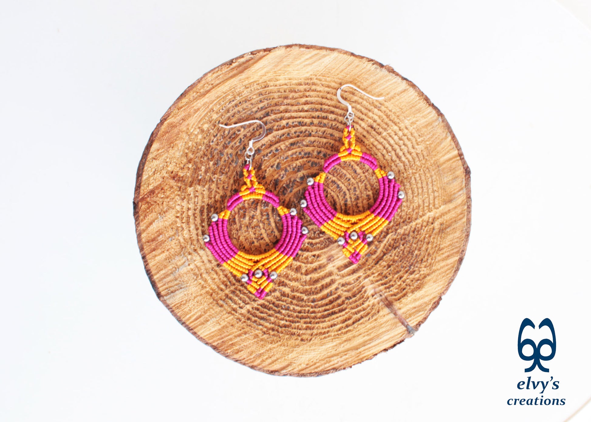 Pink Yellow Macrame Earrings Silver Hematite Gemstones Hoop Earrings