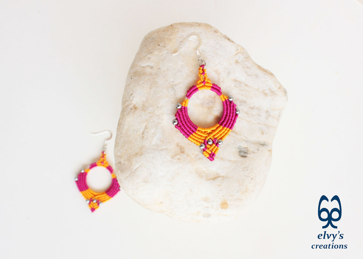 Pink Yellow Macrame Earrings Silver Hematite Gemstones Hoop Earrings