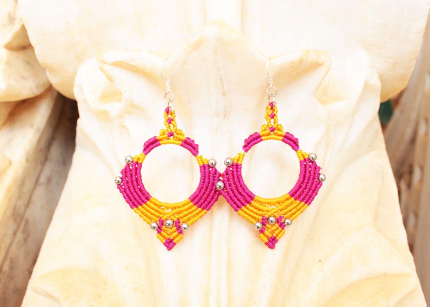 Pink Yellow Macrame Earrings Silver Hematite Gemstones Hoop Earrings