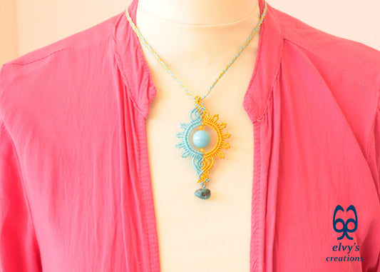 Yellow Macrame Necklace with Turquoise Gemstones Yellow Sun Dangle Agate Pendant