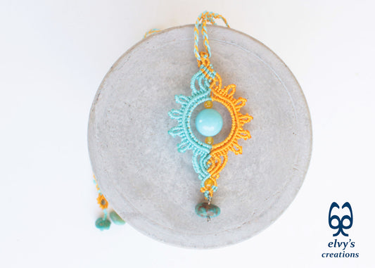 Yellow Macrame Necklace with Turquoise Gemstones Yellow Sun Dangle Agate Pendant