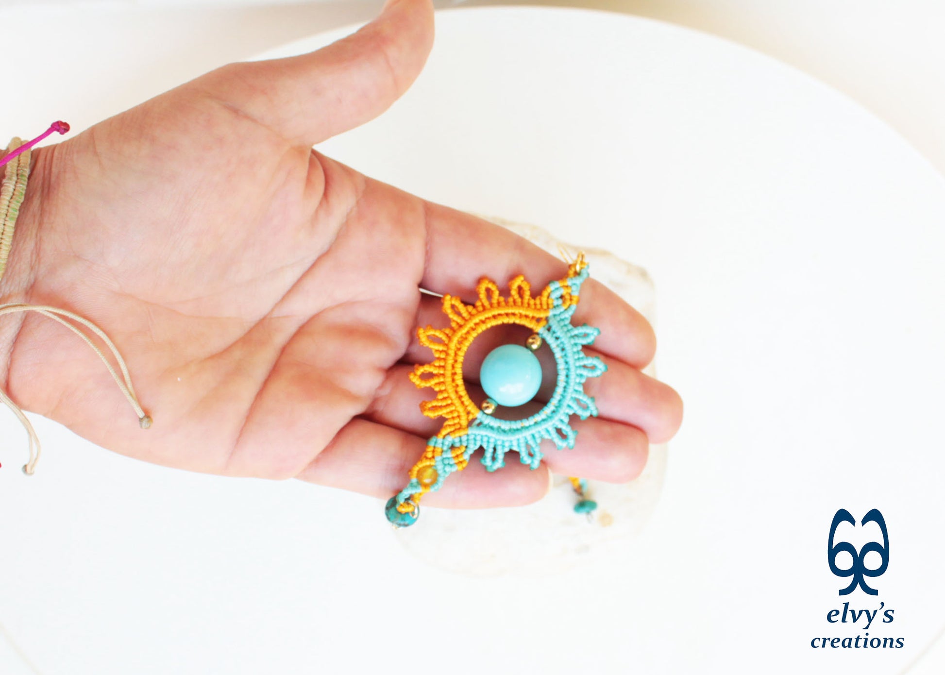 Yellow Macrame Earrings with Turquoise Gemstones Yellow Sun Dangle Agate Earrings