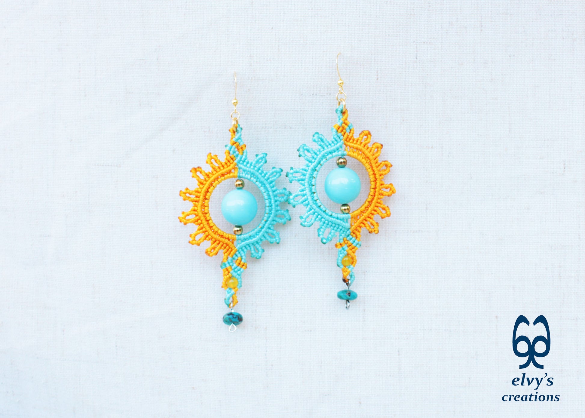 Yellow Macrame Earrings with Turquoise Gemstones Yellow Sun Dangle Agate Earrings