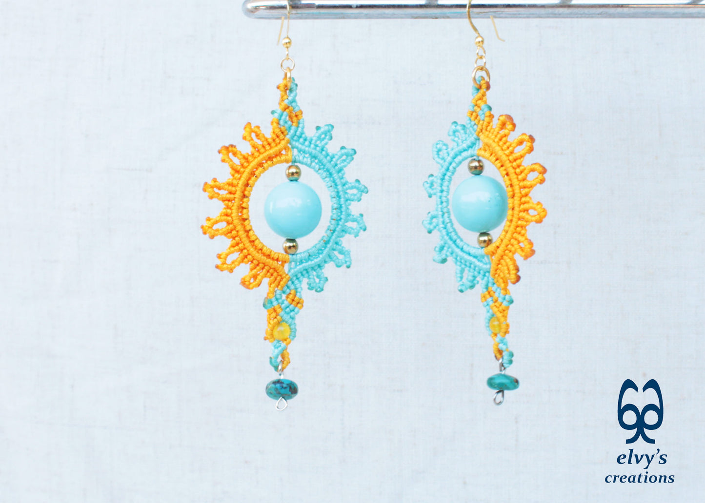 Yellow Macrame Earrings with Turquoise Gemstones Yellow Sun Dangle Agate Earrings