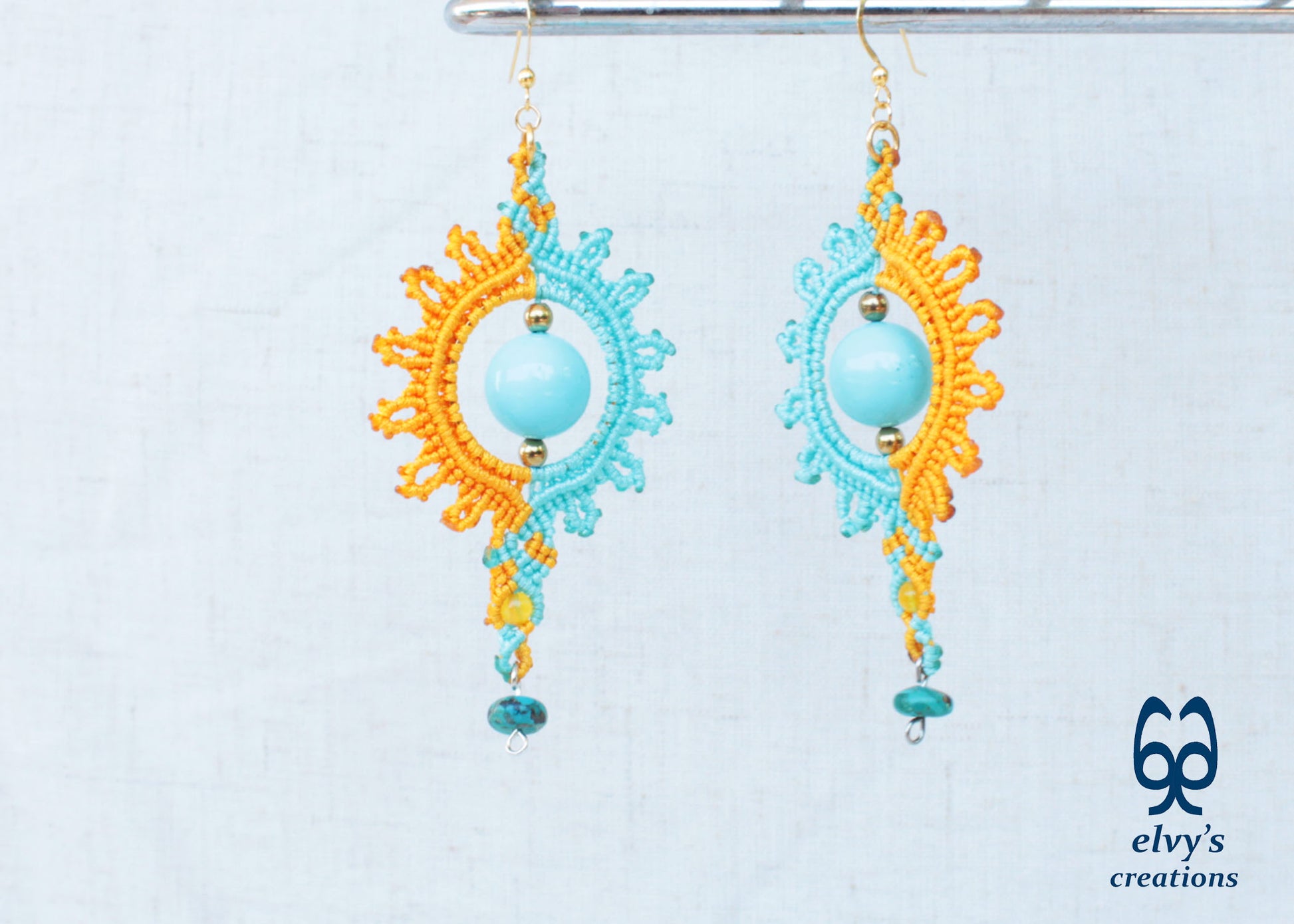 Yellow Macrame Earrings with Turquoise Gemstones Yellow Sun Dangle Agate Earrings