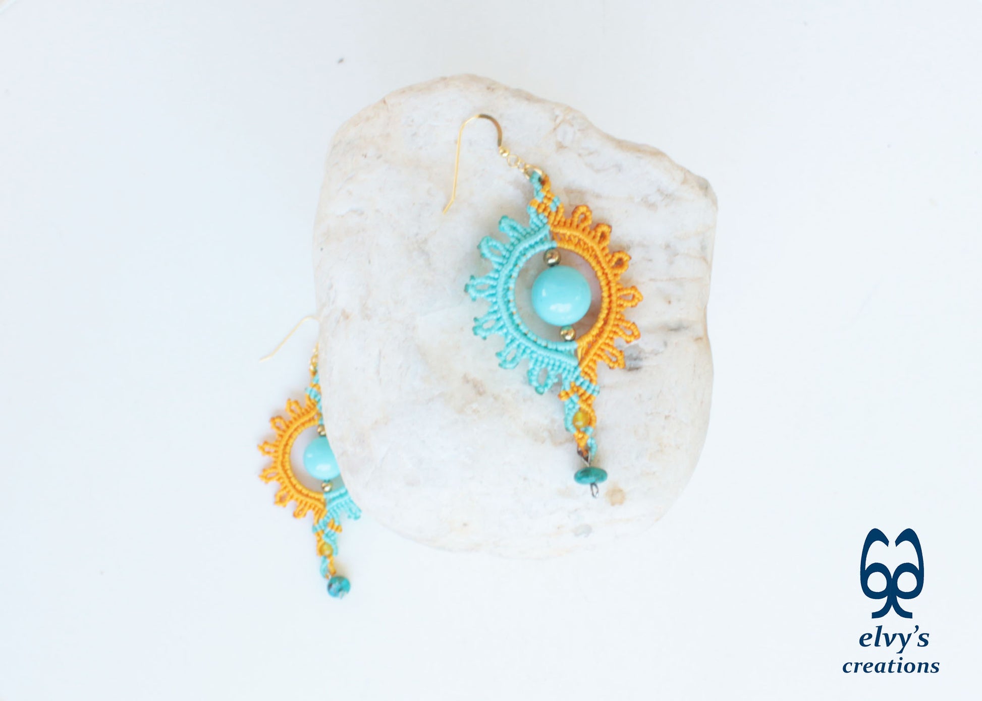 Yellow Macrame Earrings with Turquoise Gemstones Yellow Sun Dangle Agate Earrings