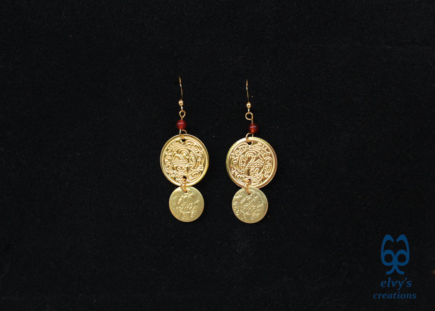 Gold Folklore Earrings, Coin Dangle Greek Traditional Jewelry, Sterling Silver Gold Plated Gypsy Jewelry, Gemstone