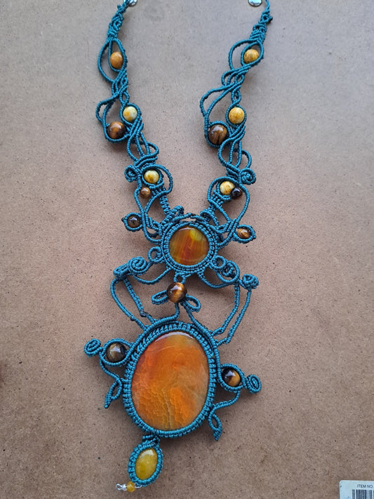 Green Macrame Necklace with Yellow Agate