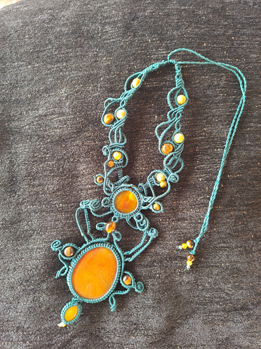 Green Macrame Necklace with Yellow Agate