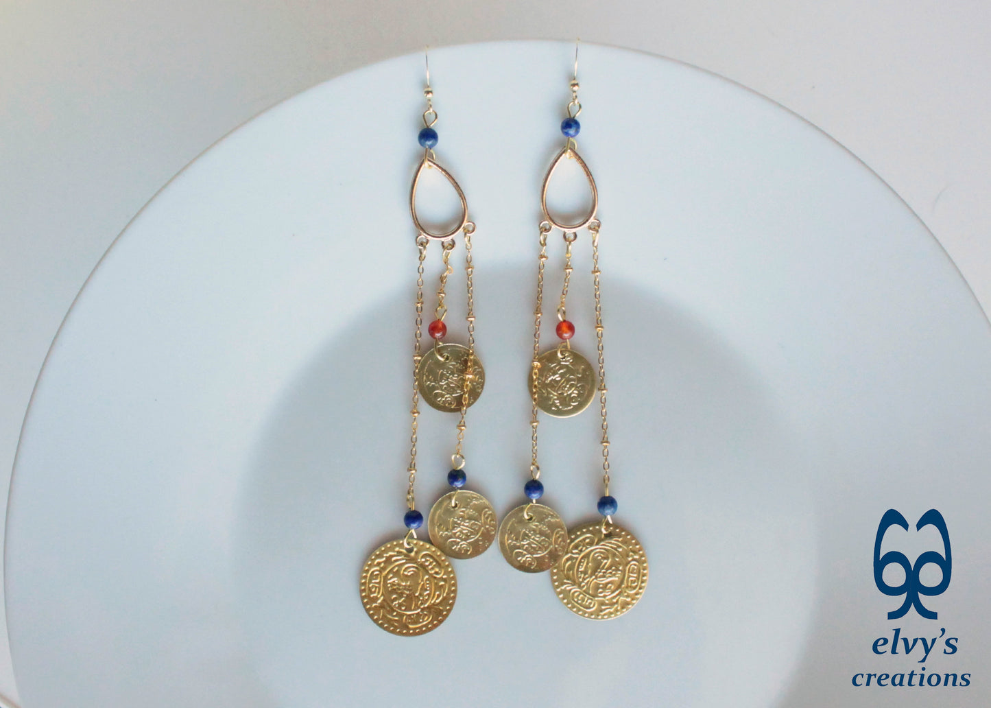 Gold Folklore Earrings, Coin Dangle Greek Traditional Jewelry, Sterling Silver Gold Plated Gypsy Jewelry, Carnelian Gemstone