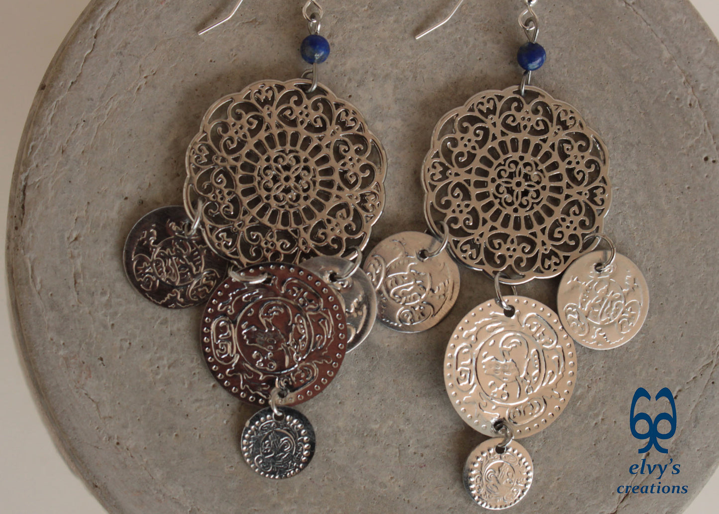 Handmade Silver Macrame Earrings with Long Dangle Lapis Lazuli  Gemstones