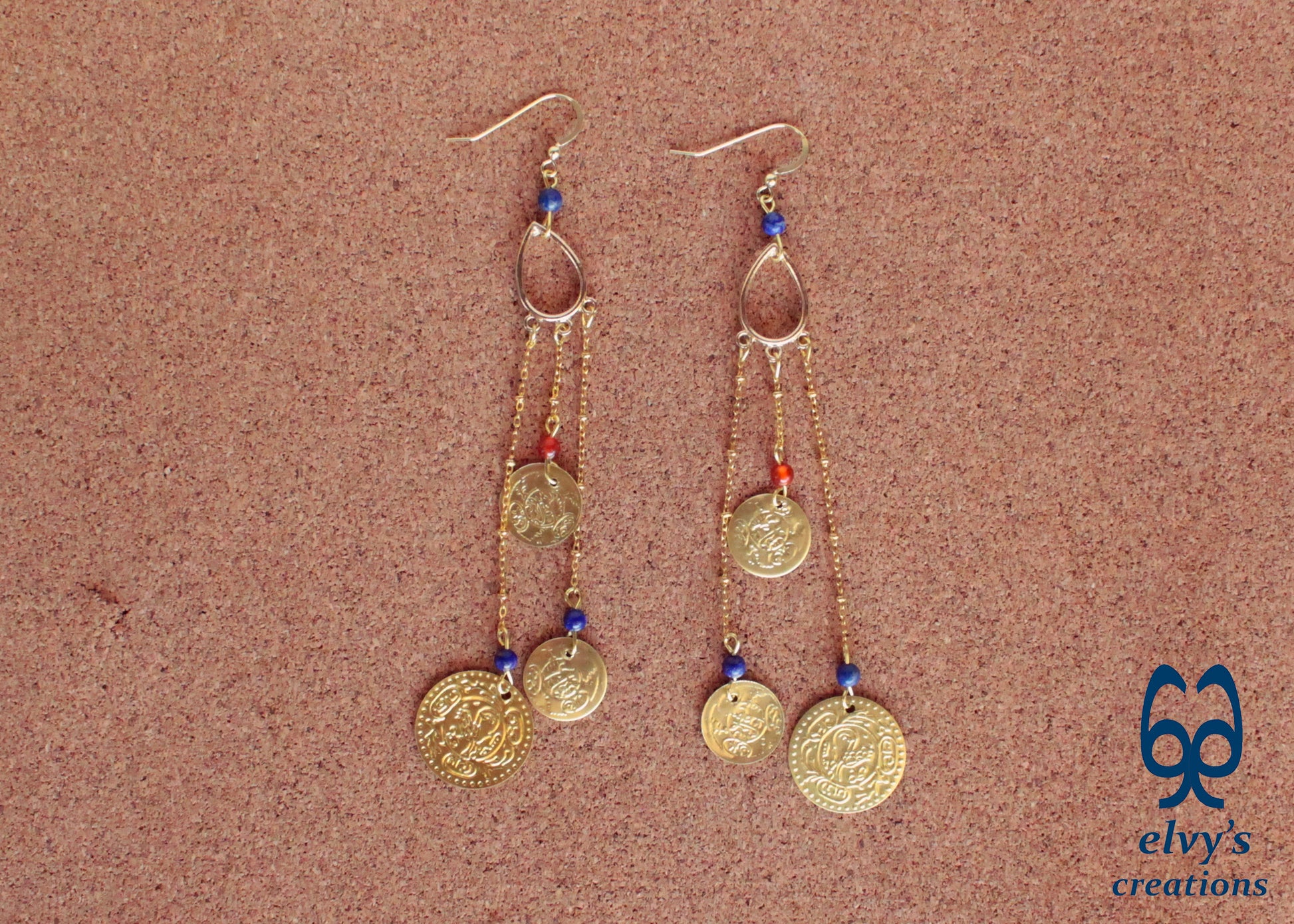 Gold Folklore Earrings, Coin Dangle Greek Traditional Jewelry, Sterling Silver Gold Plated Gypsy Jewelry, Carnelian Gemstone