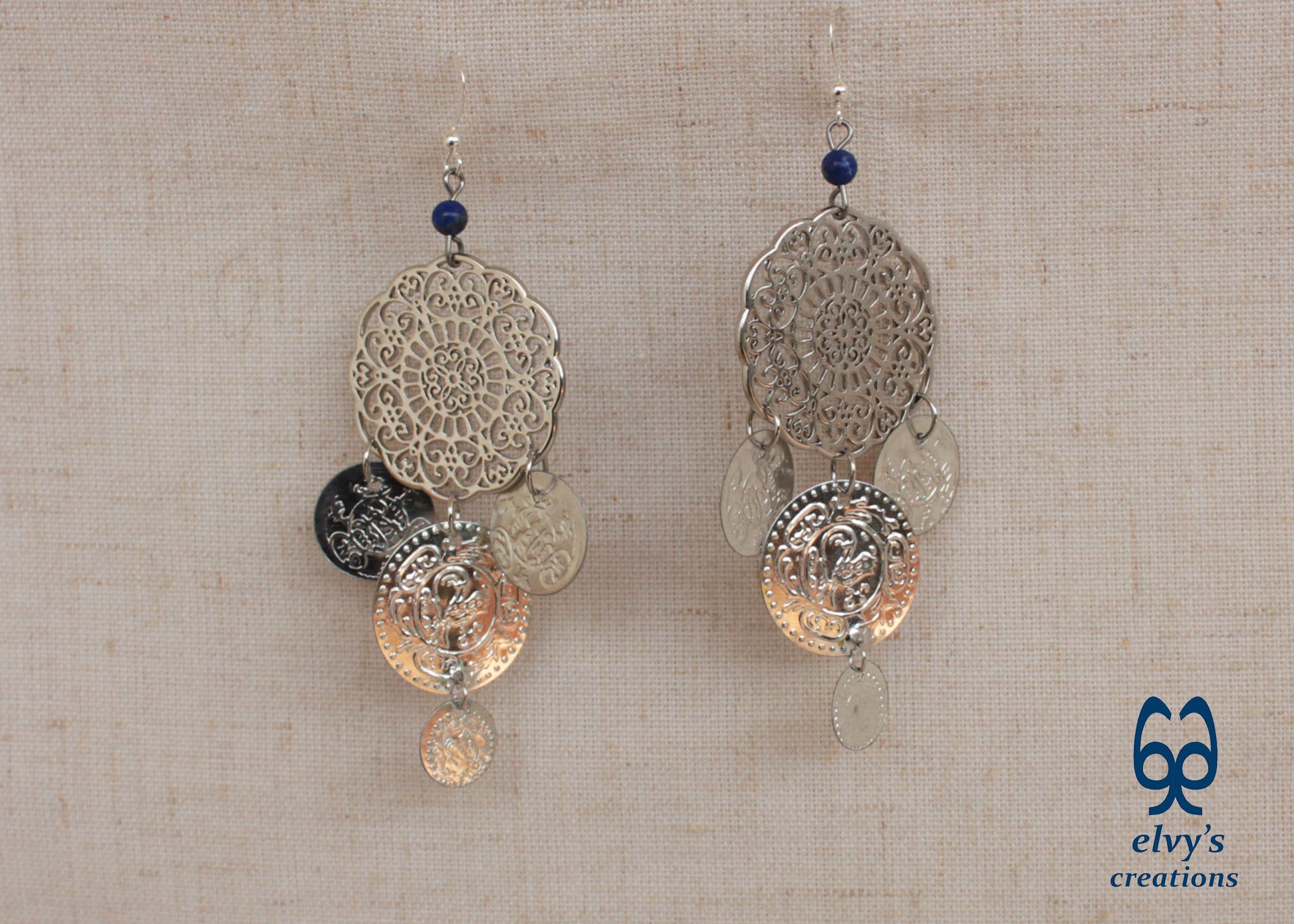 Handmade Silver Macrame Earrings with Long Dangle Lapis Lazuli  Gemstones