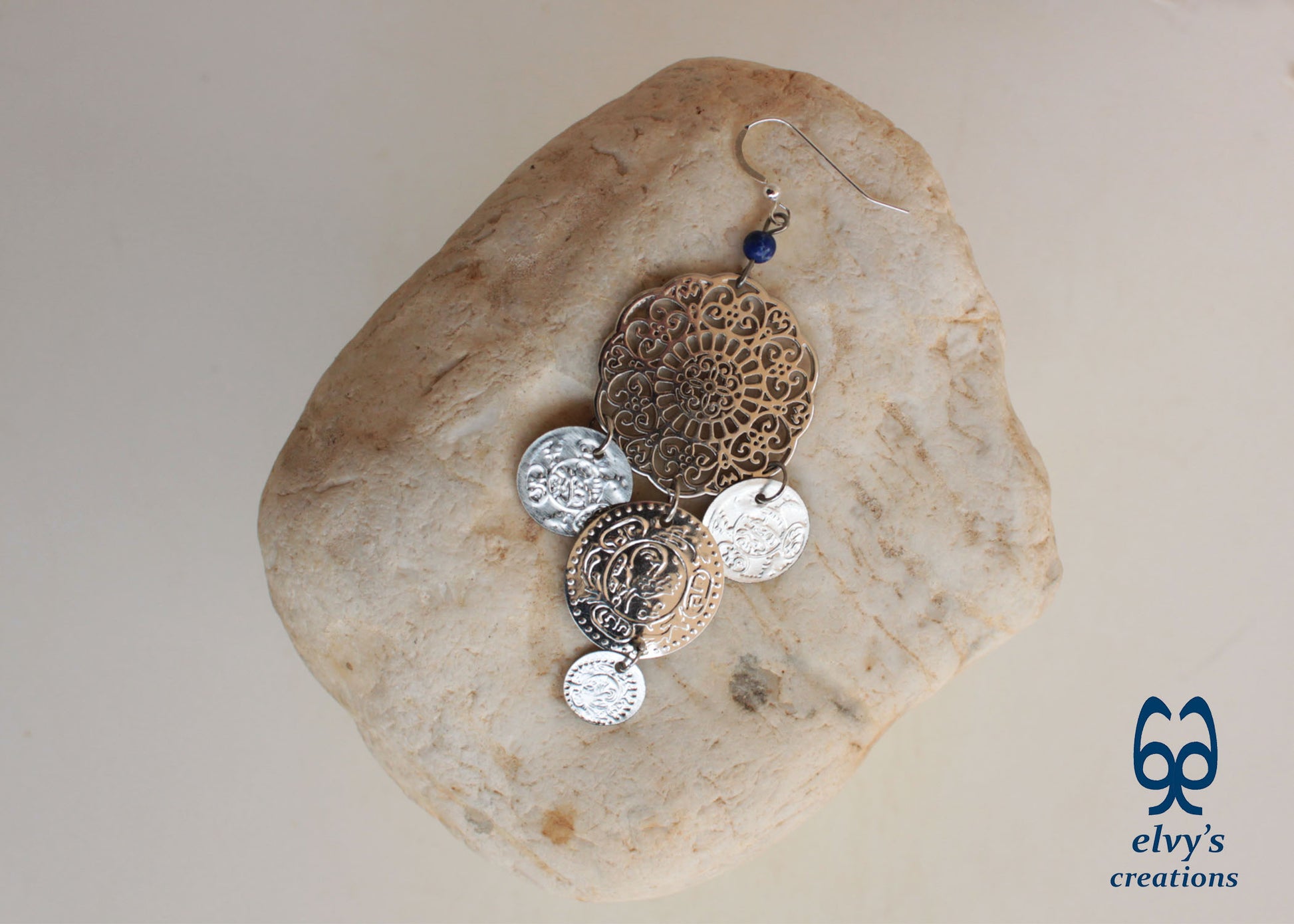 Handmade Silver Macrame Earrings with Long Dangle Lapis Lazuli  Gemstones