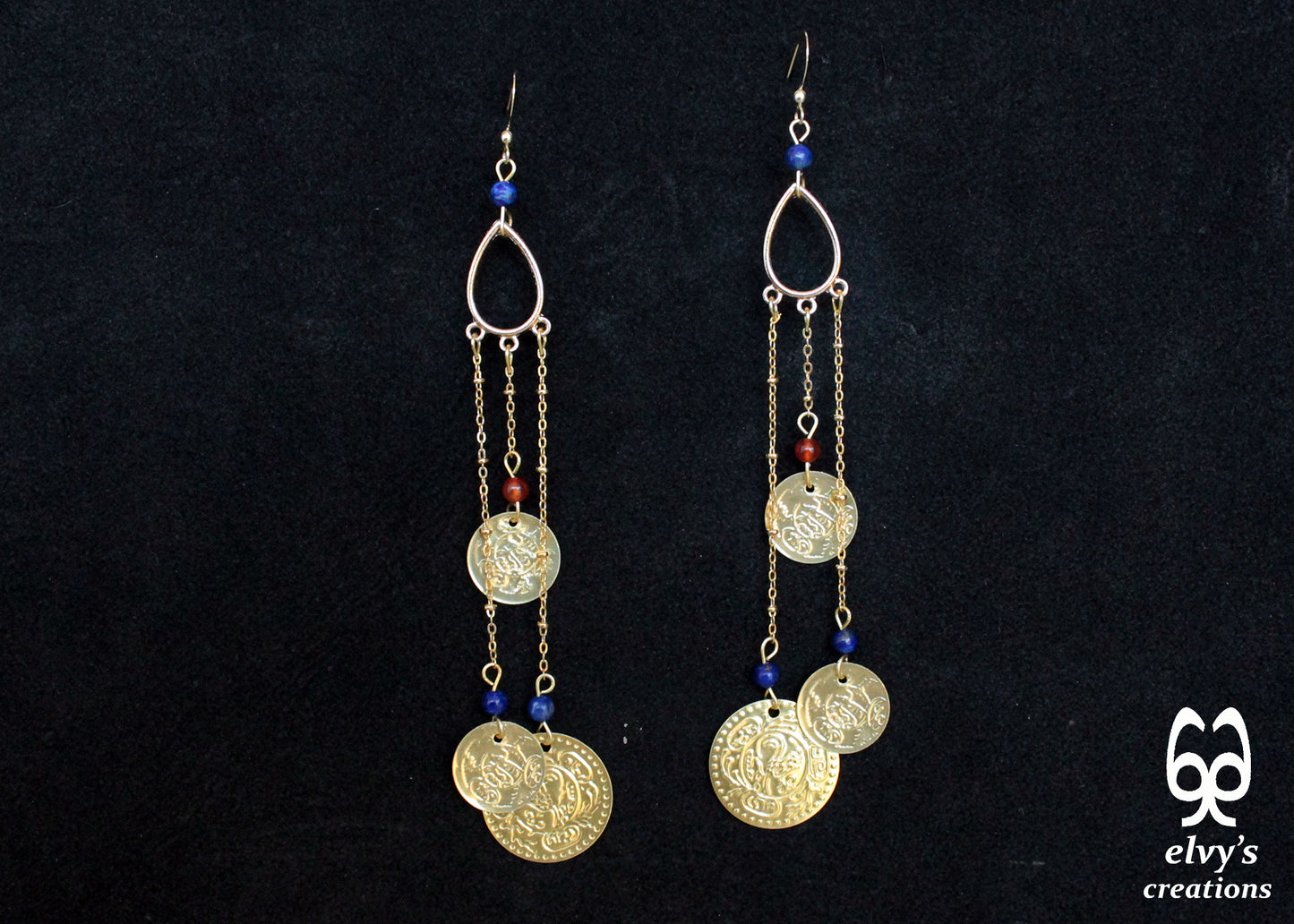 Gold Folklore Earrings, Coin Dangle Greek Traditional Jewelry, Sterling Silver Gold Plated Gypsy Jewelry, Carnelian Gemstone