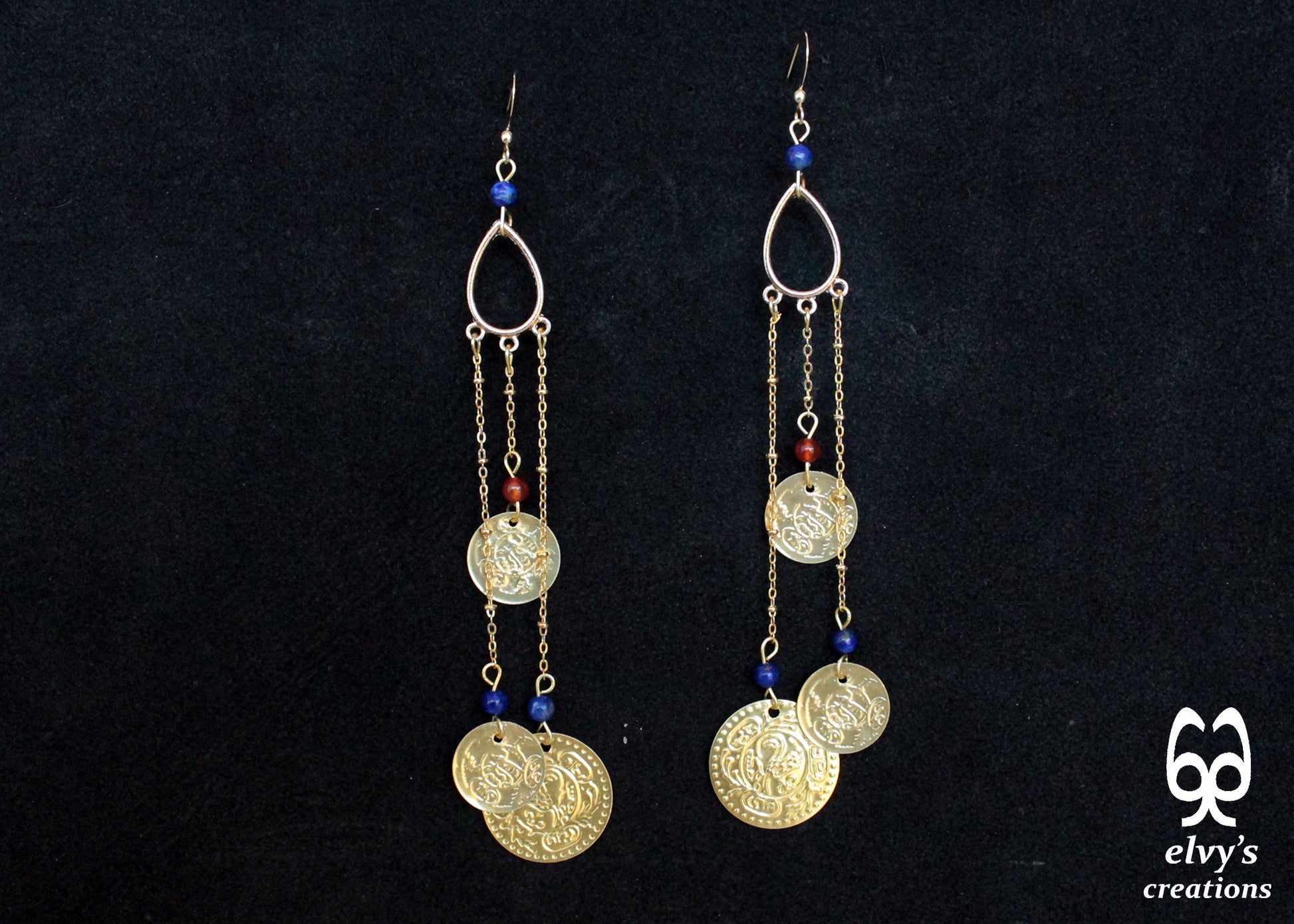 Gold Folklore Earrings, Coin Dangle Greek Traditional Jewelry, Sterling Silver Gold Plated Gypsy Jewelry, Carnelian Gemstone