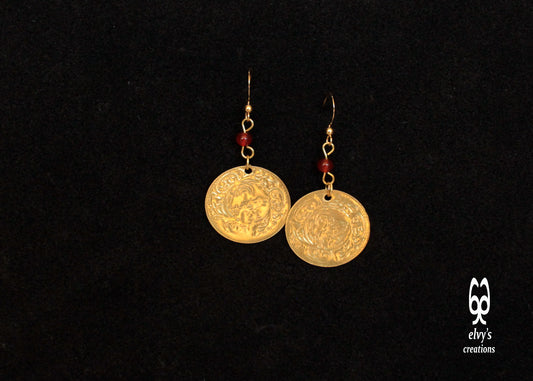 Gold Folklore Earrings Coin Dangle Drop Greek Traditional Jewelry 925 Sterling Silver Gold Plated Gypsy Jewelry Orange Carnelian Gemstone