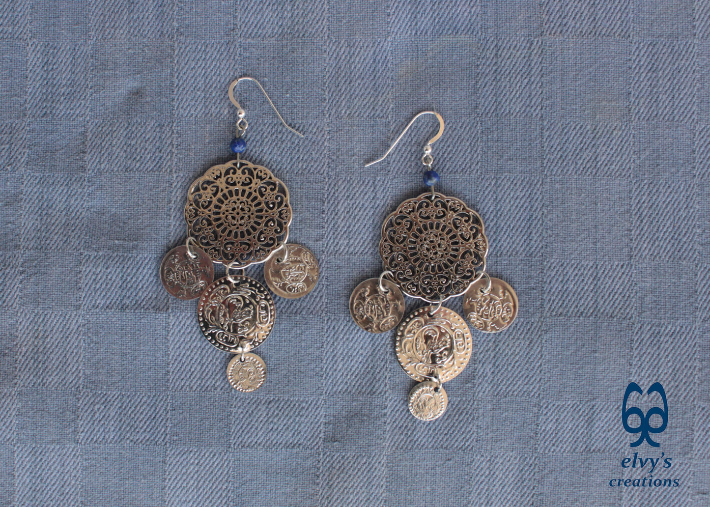 Handmade Silver Macrame Earrings with Long Dangle Lapis Lazuli  Gemstones