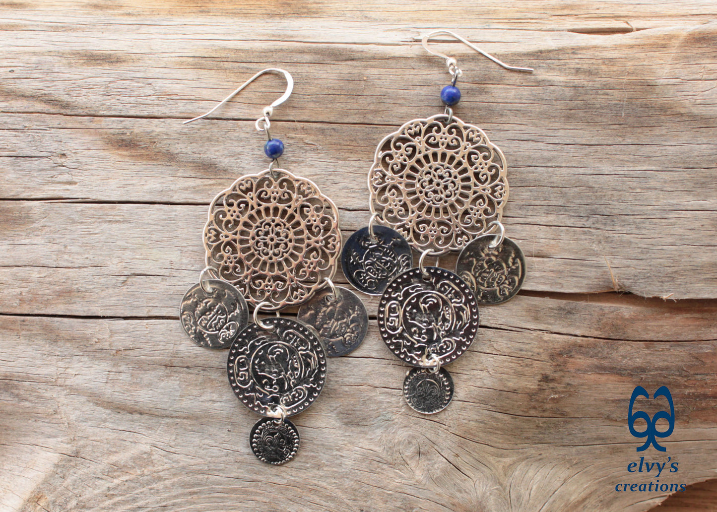 Handmade Silver Macrame Earrings with Long Dangle Lapis Lazuli  Gemstones