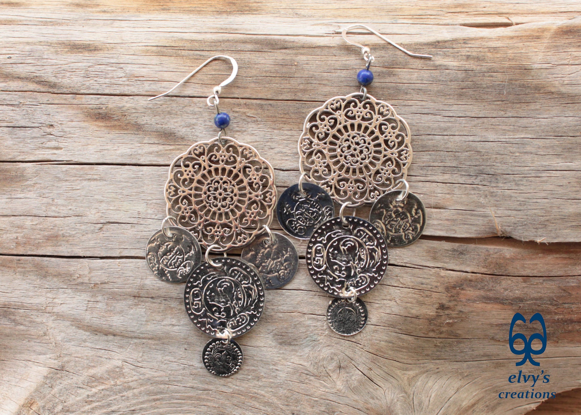 Handmade Silver Macrame Earrings with Long Dangle Lapis Lazuli  Gemstones