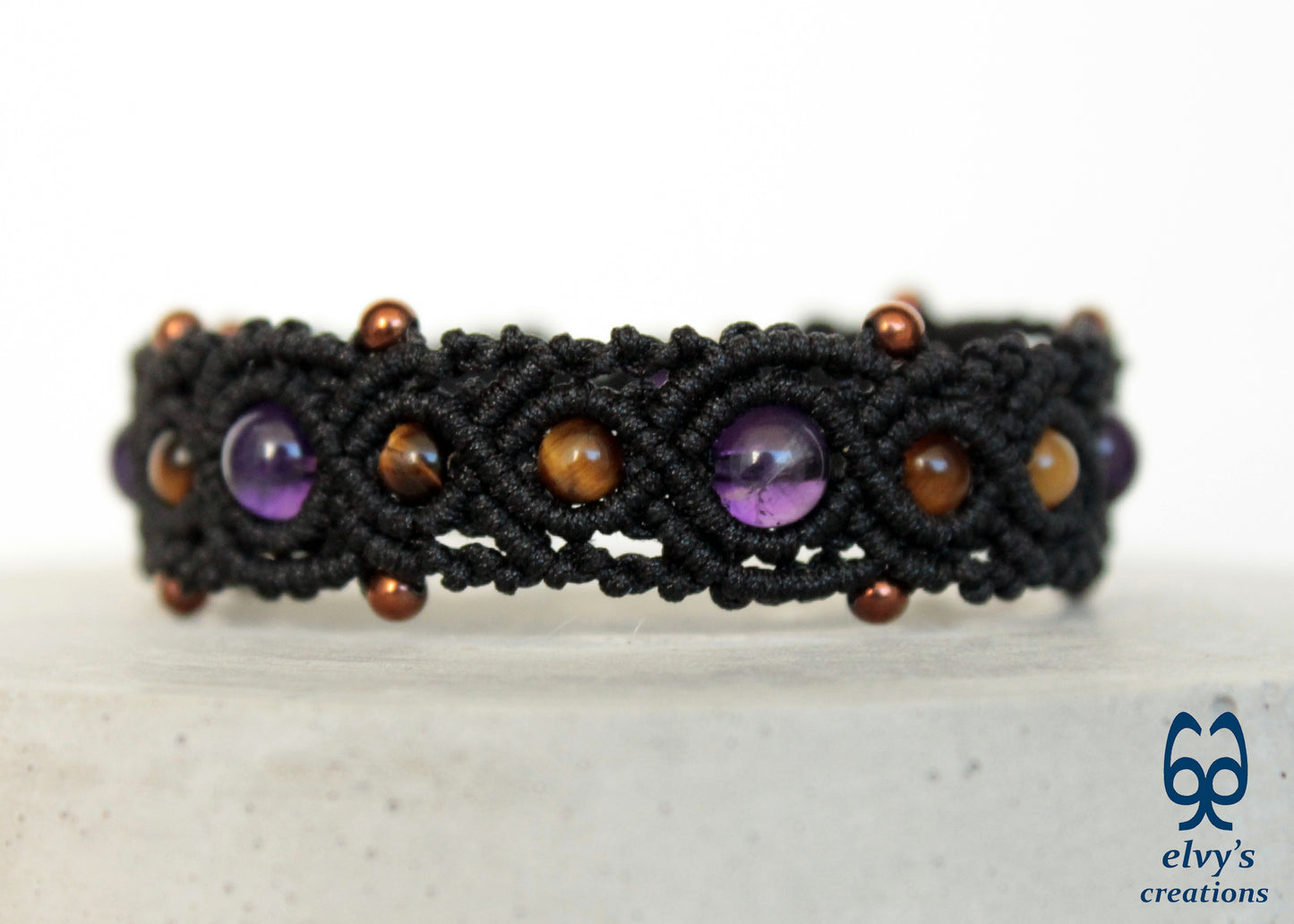 Black Macrame Cuff Beaded Purple Amethyst Bronze Hematite Yellow Tiger Eye Bracelet for Women