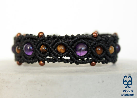 Black Macrame Cuff Beaded Purple Amethyst Bronze Hematite Yellow Tiger Eye Bracelet for Women