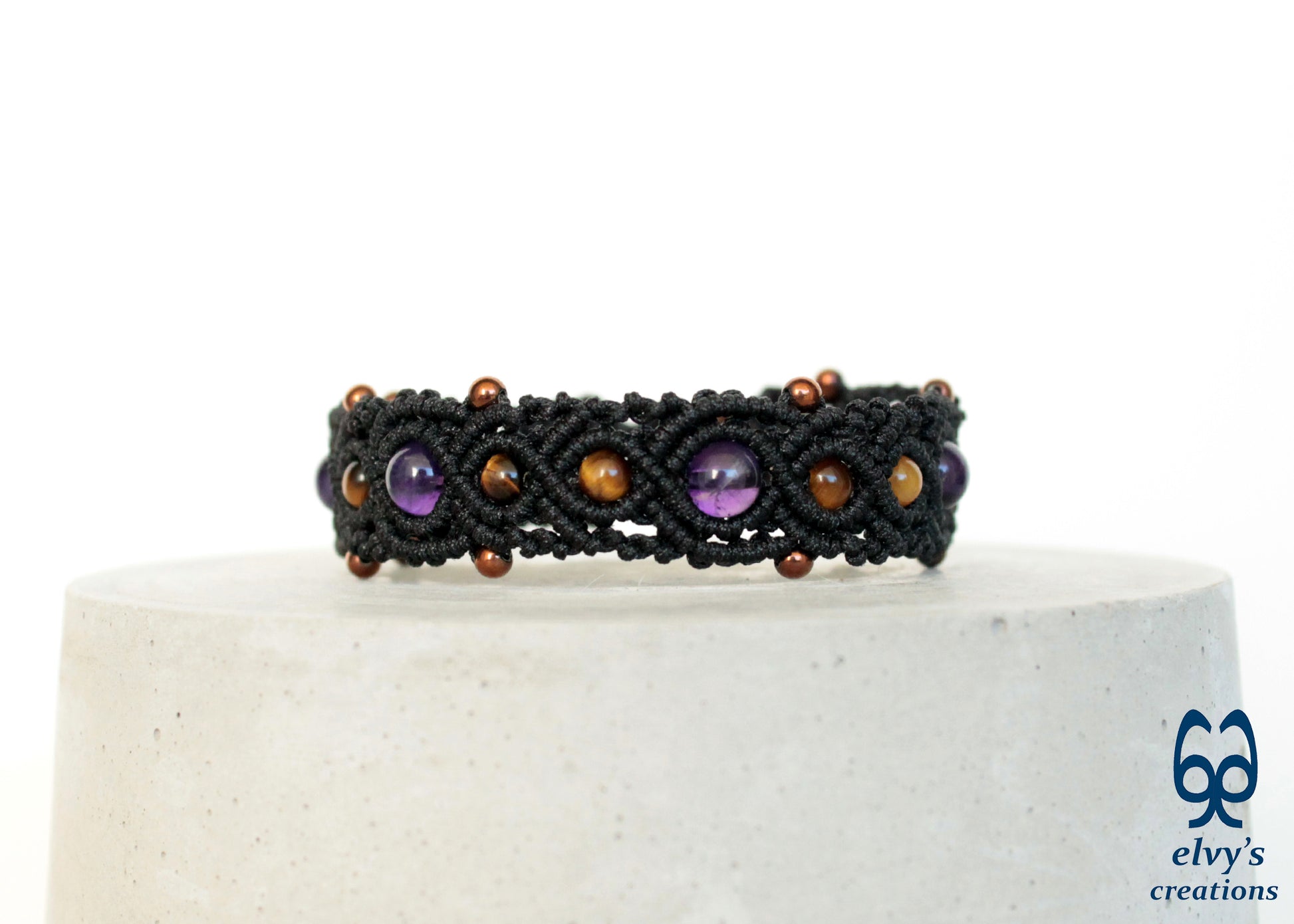 Black Macrame Cuff Beaded Purple Amethyst Bronze Hematite Yellow Tiger Eye Bracelet for Women