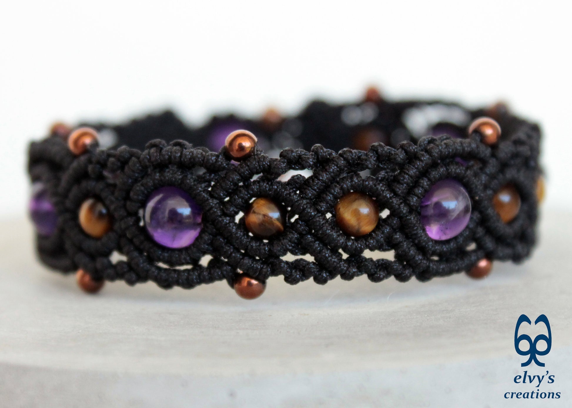 Black Macrame Cuff Beaded Purple Amethyst Bronze Hematite Yellow Tiger Eye Bracelet for Women