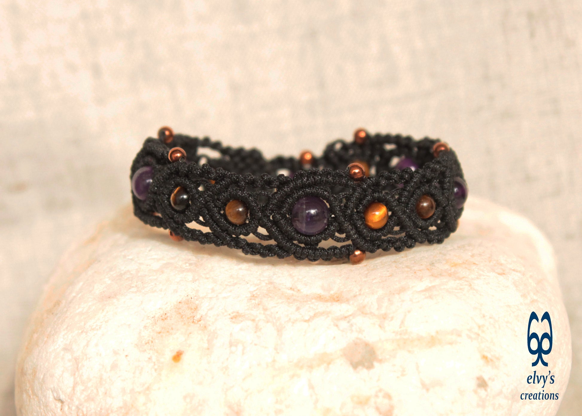 Black Macrame Cuff Beaded Purple Amethyst Bronze Hematite Yellow Tiger Eye Bracelet for Women