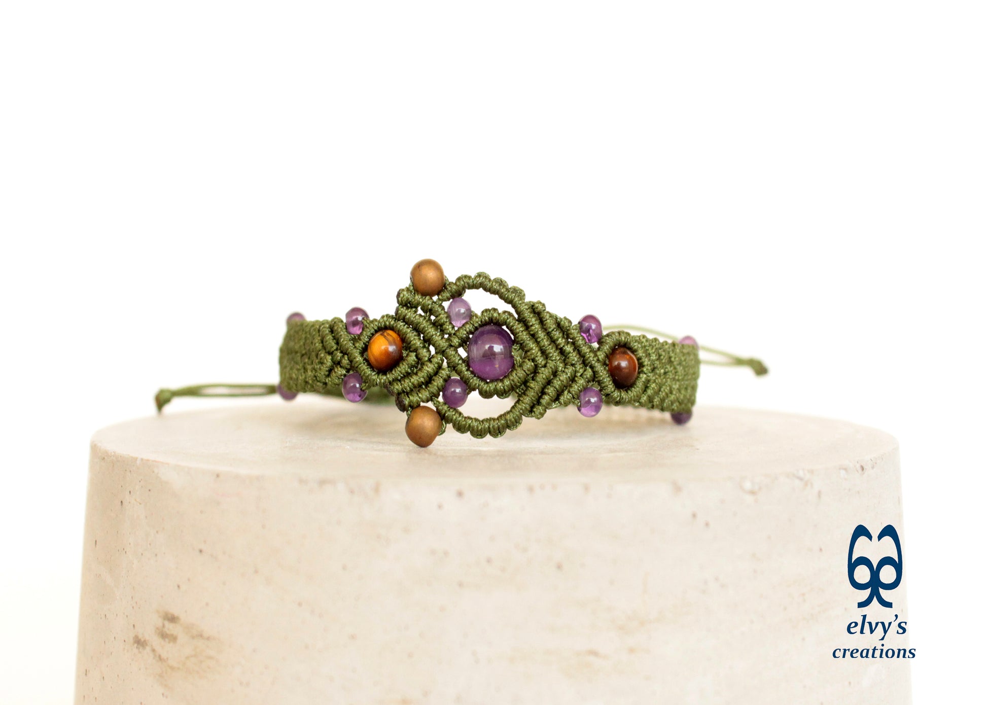 Olive Green Adjustable Macrame Beaded Cuff Bracelet with purple Amethyst, Tiger Eye and Gold Hematite - ElvysCreations