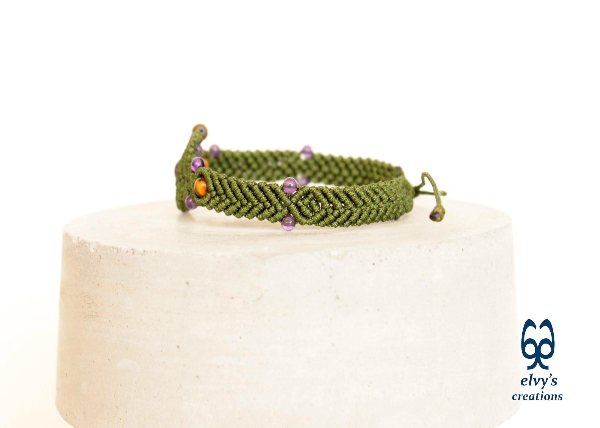 Olive Green Adjustable Macrame Beaded Cuff Bracelet with purple Amethyst, Tiger Eye and Gold Hematite - ElvysCreations