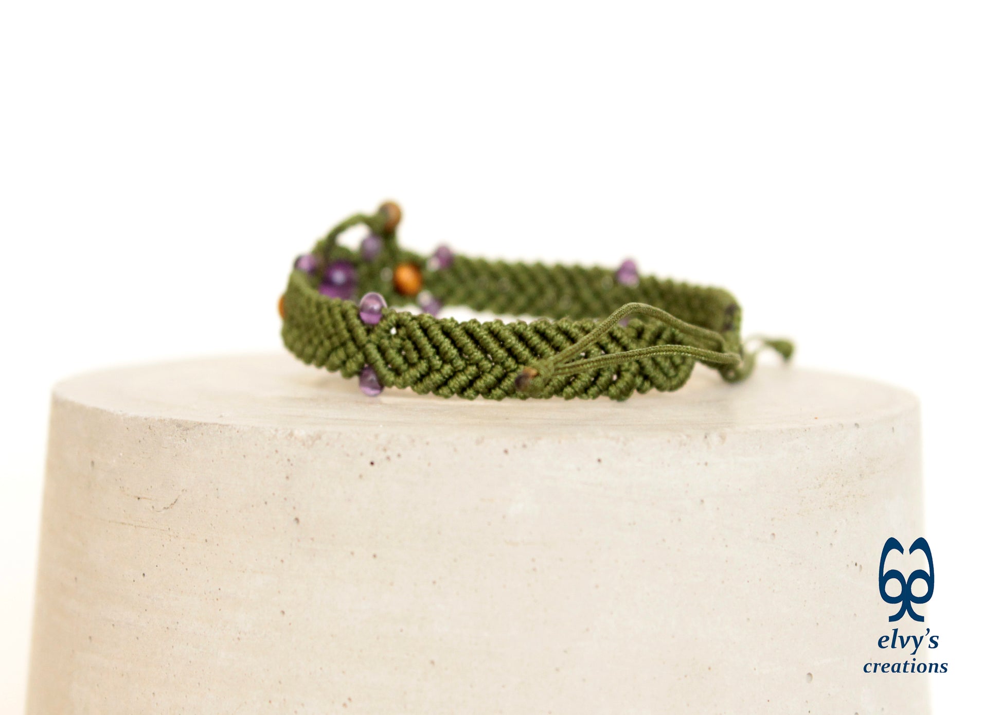 Olive Green Adjustable Macrame Beaded Cuff Bracelet with purple Amethyst, Tiger Eye and Gold Hematite - ElvysCreations