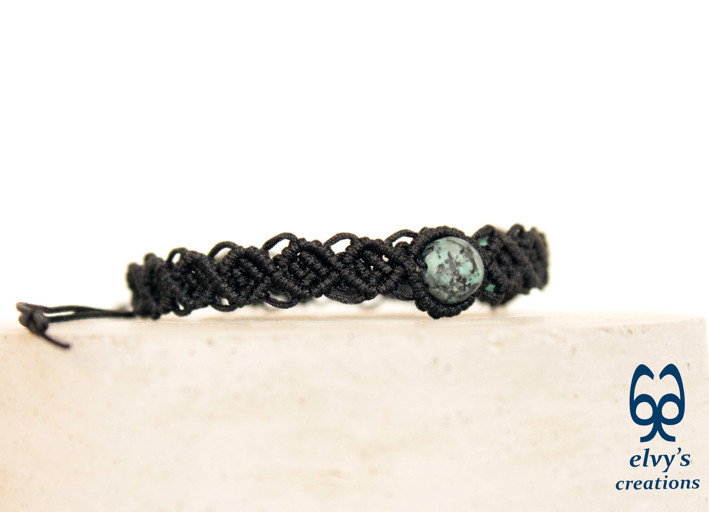Black Macrame Cuff Bracelet With Turquoise Gemstones Beaded Adjustable Bracelet for Women