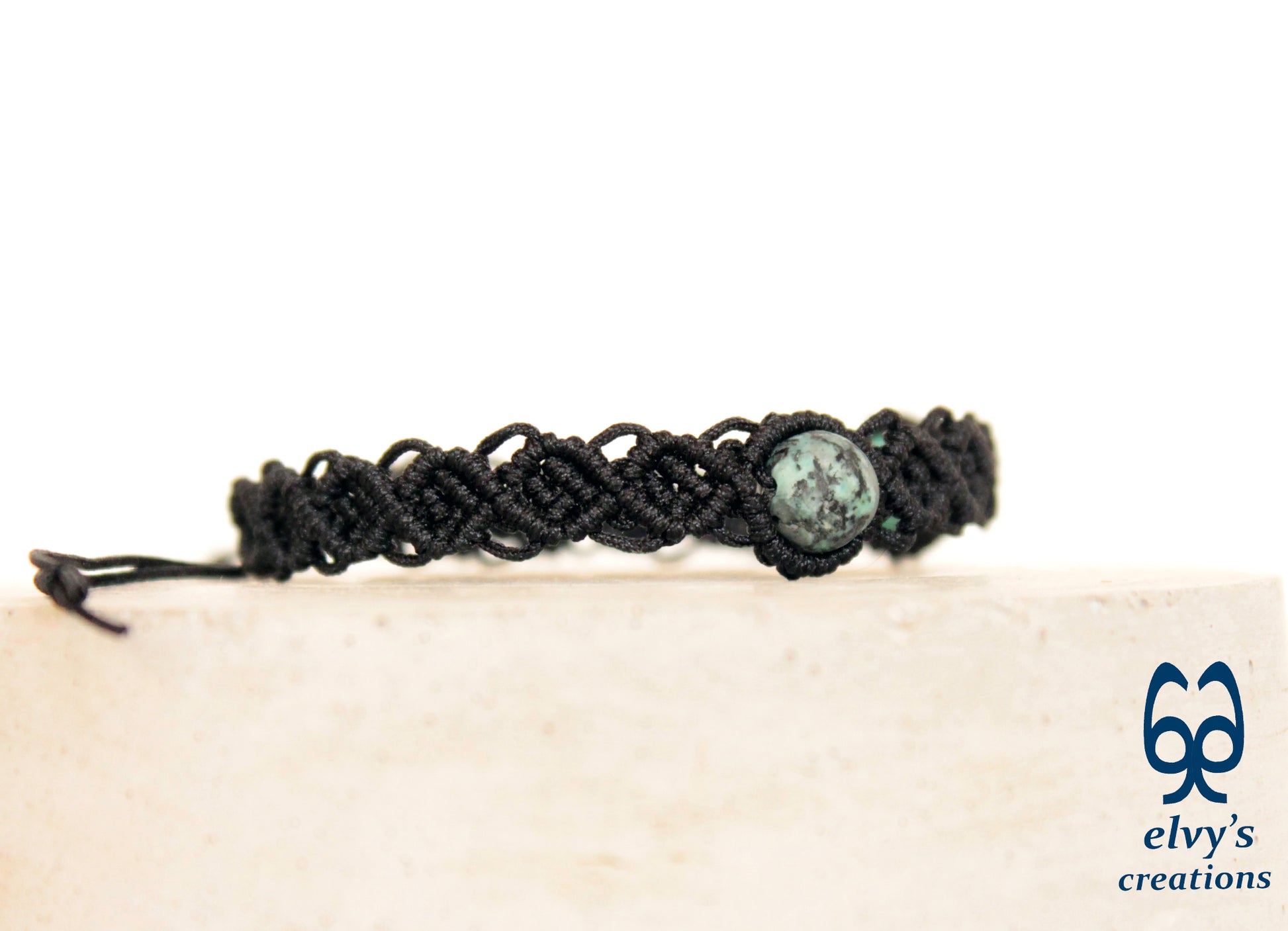 Black Macrame Cuff Bracelet With Turquoise Gemstones Beaded Adjustable Bracelet for Women