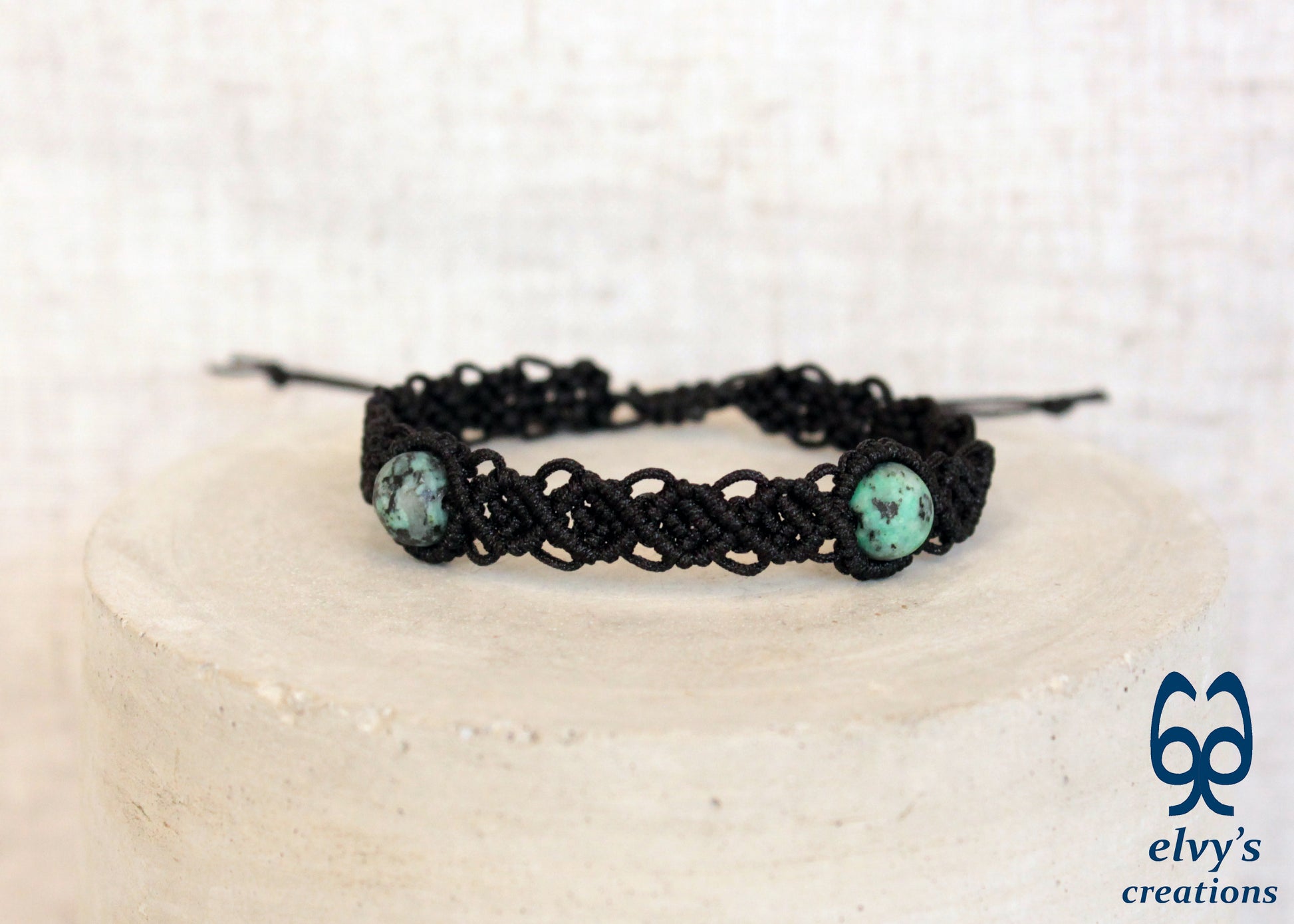 Black Macrame Cuff Bracelet With Turquoise Gemstones Beaded Adjustable Bracelet for Women
