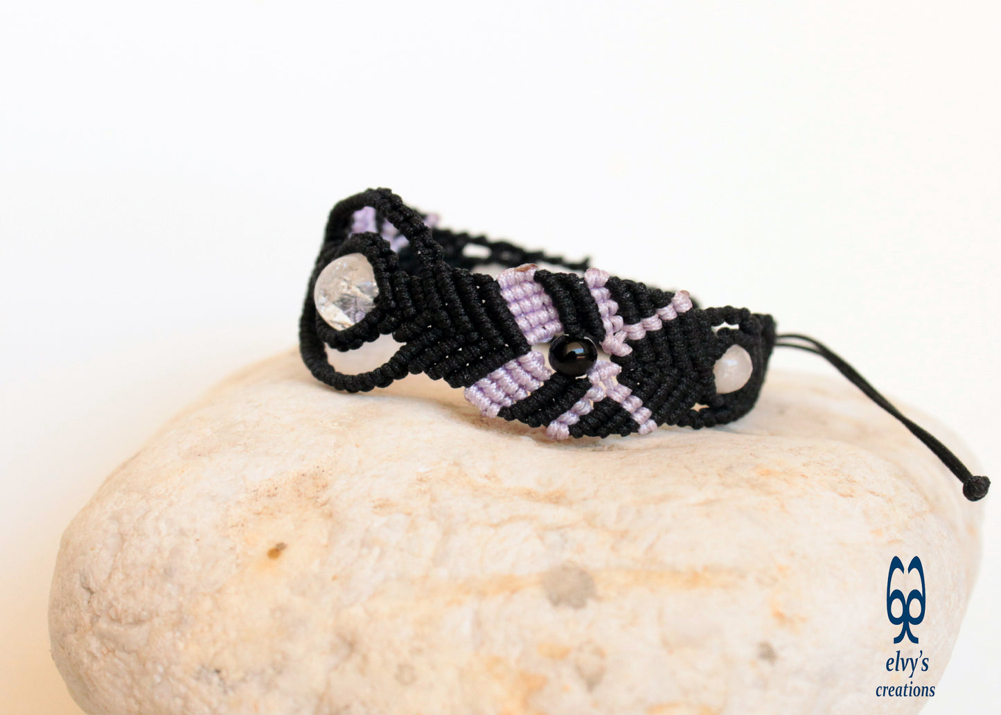 Black Macrame Bracelet with Crystal Quartz and Black Onyx Healer Gems Gift for her