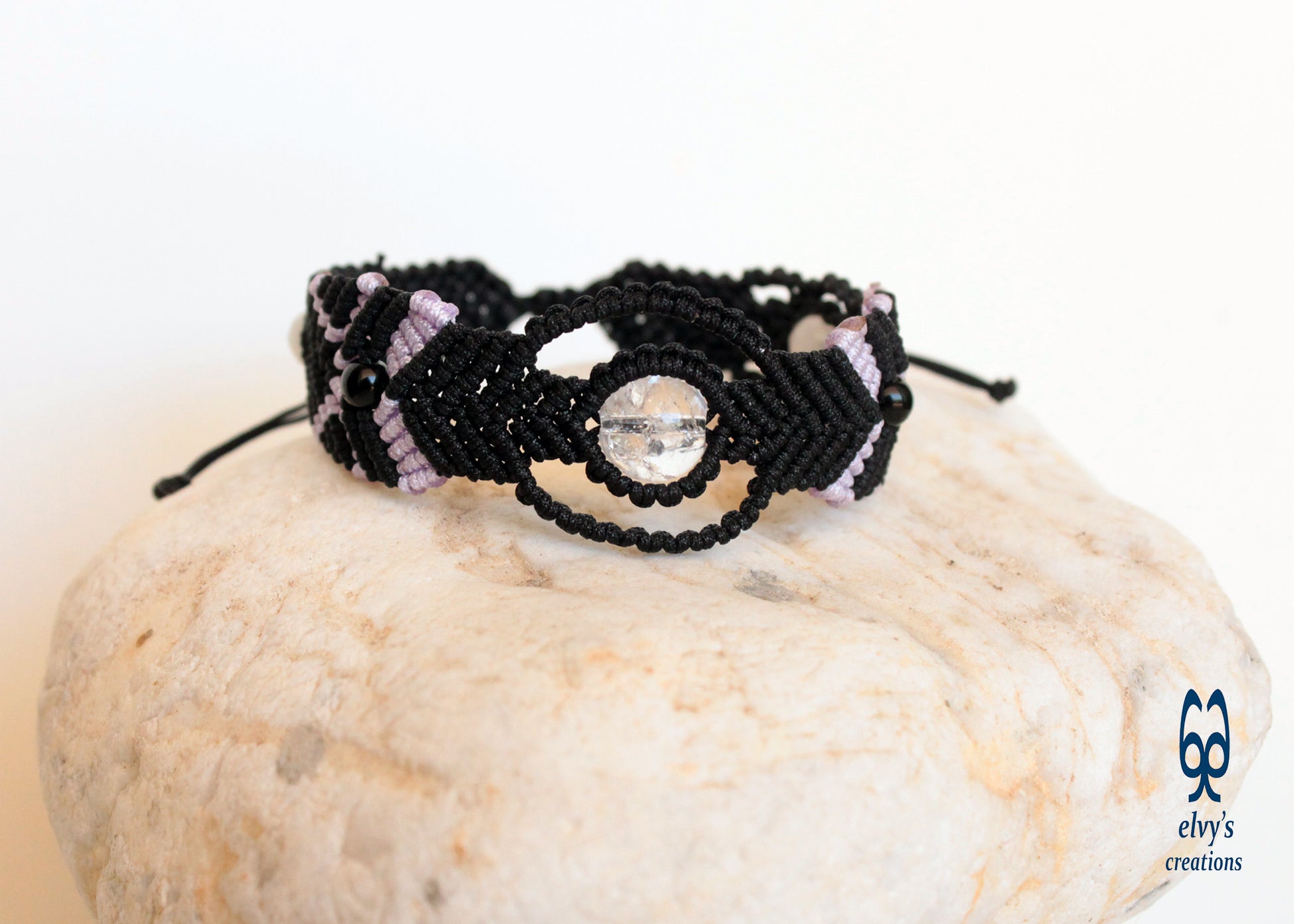 Black Macrame Bracelet with Crystal Quartz and Black Onyx Healer Gems Gift for her