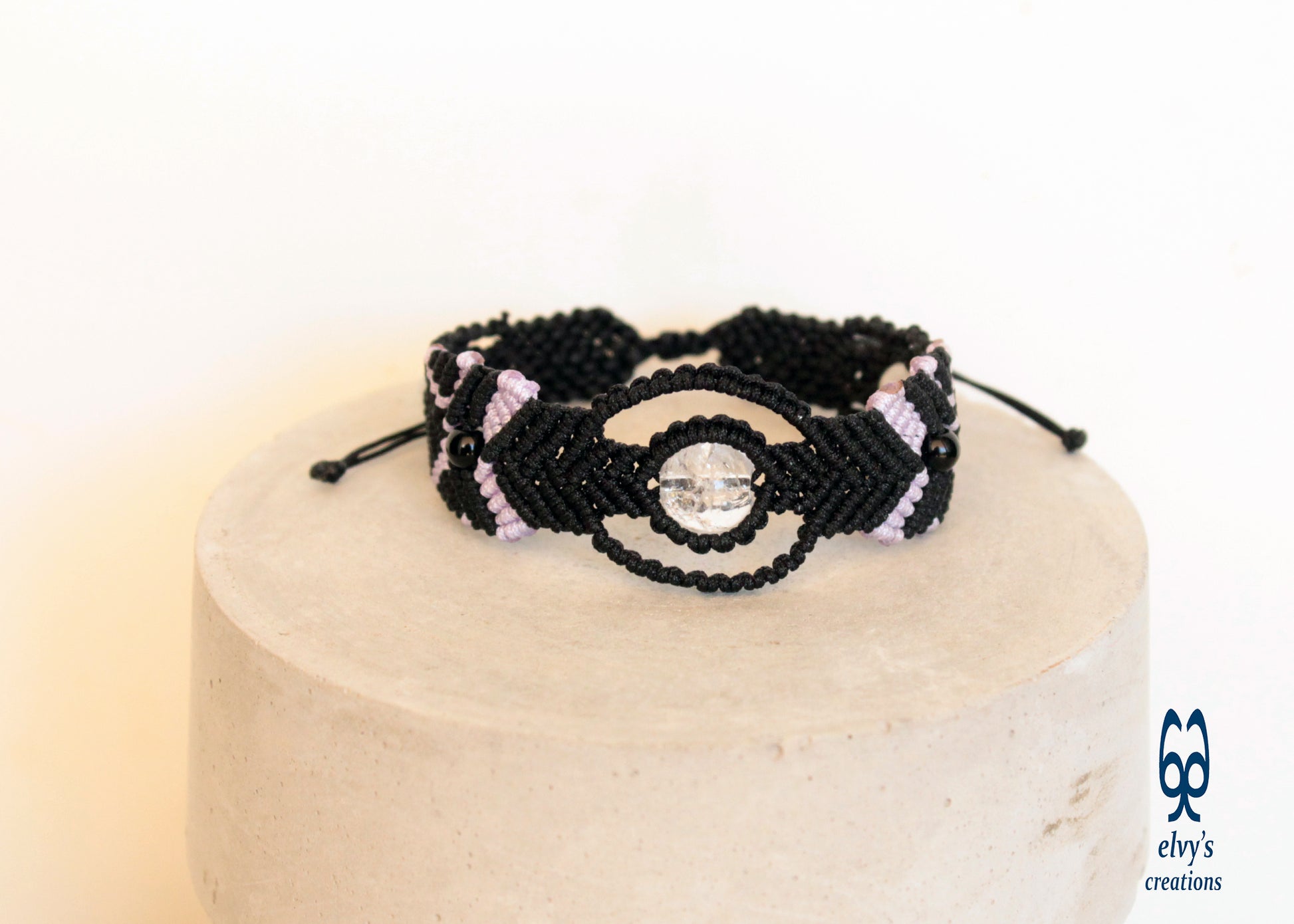 Black Macrame Bracelet with Crystal Quartz and Black Onyx Healer Gems Gift for her